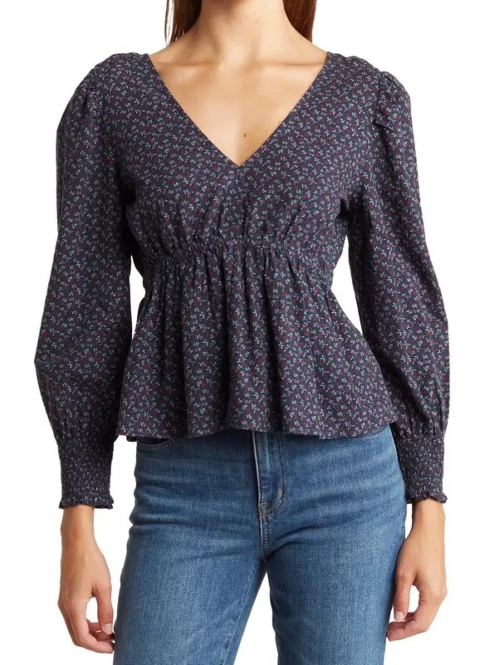 Madewell “Campden Daisies” Peplum Blouse Tie-Back (Size M) Navy/Red/Pink